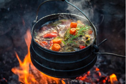 stew cooking over a campfire in a potjie pot