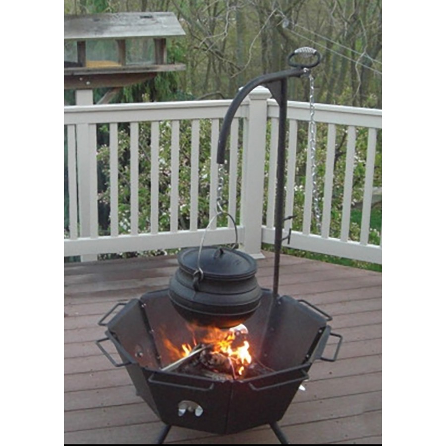 Outdoor cooking, swinging arm cast iron pot hanger